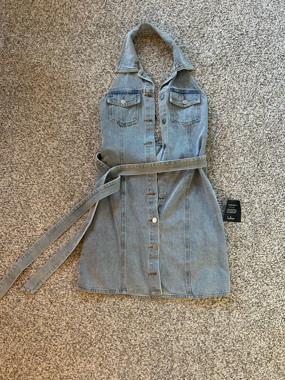 Halter Denim Button-Front Dress in Light Blue